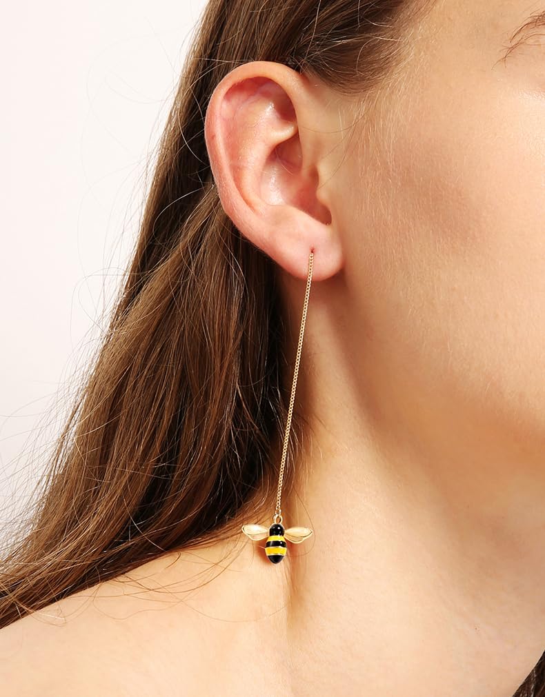SLUYNZ 925 Sterling Silver Bumble Bee Dangle Earrings for Women Threader Earrings Chain (18K Gold Plated) - Image 5